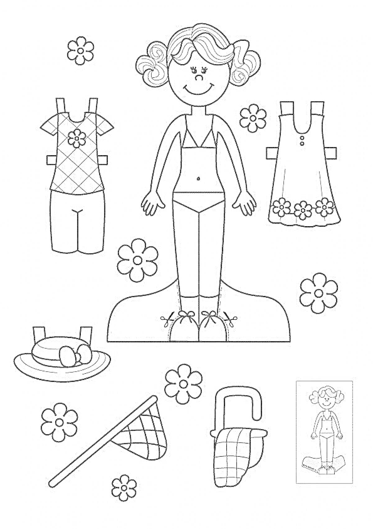 На раскраске изображено: Кукла, Одежда, Платье, Шорты, Шляпа, Сачок, Сумка, Цветы