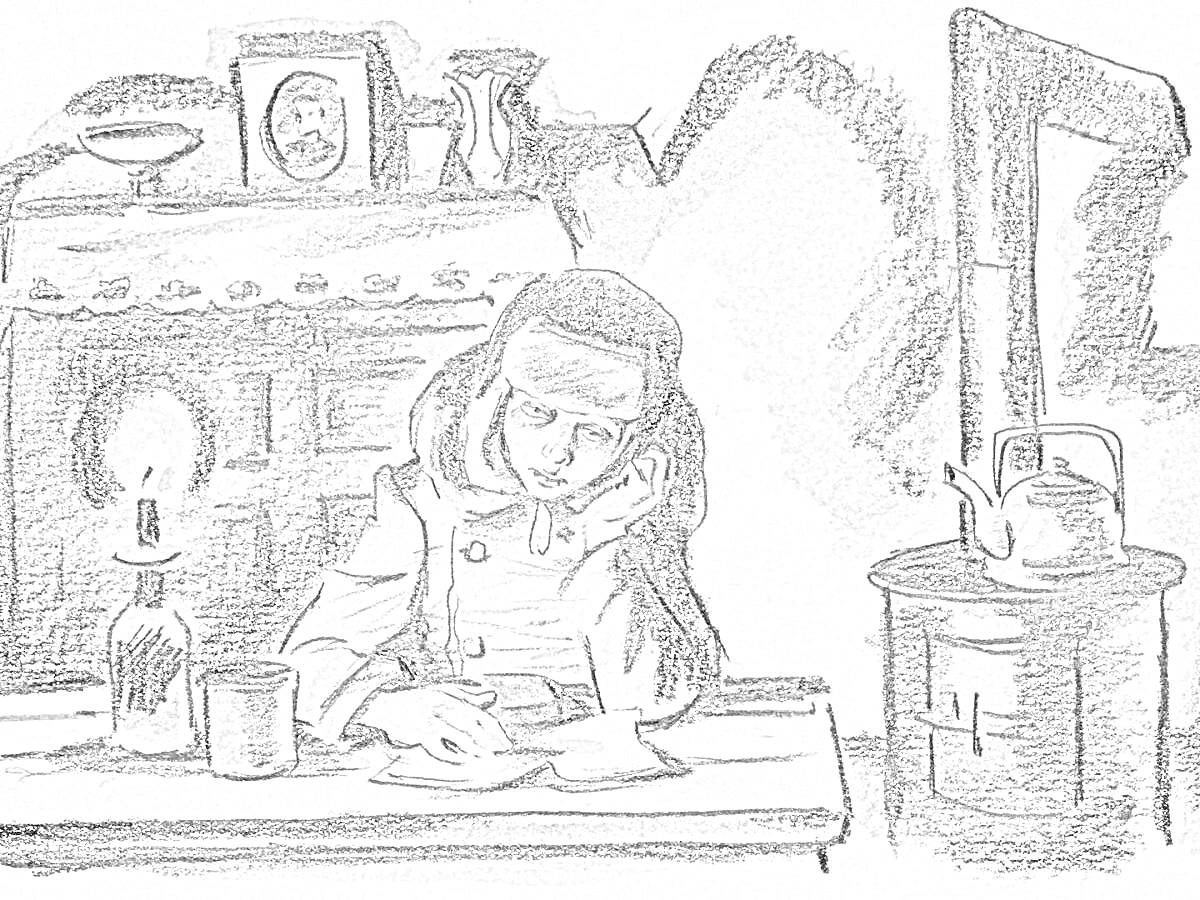 Девочка за столом с хлебом, фонарь, печка, чайник, полка с посудой и портретом