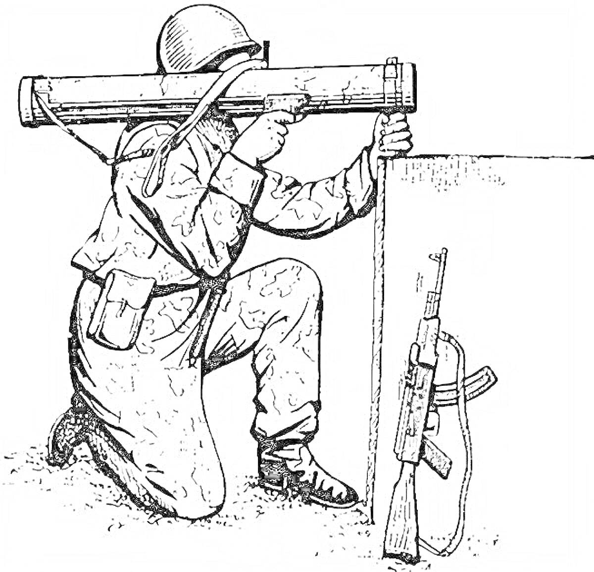 Раскраска Солдат с огнеметом за укрытием и ружье