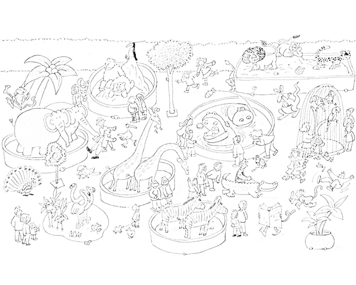 Раскраска Зоопарк: слон, жираф, носорог, лев, обезьяна, верблюд, тигр, змеи, люди, дети, родители, деревья, скамейки, фонтан, пальма