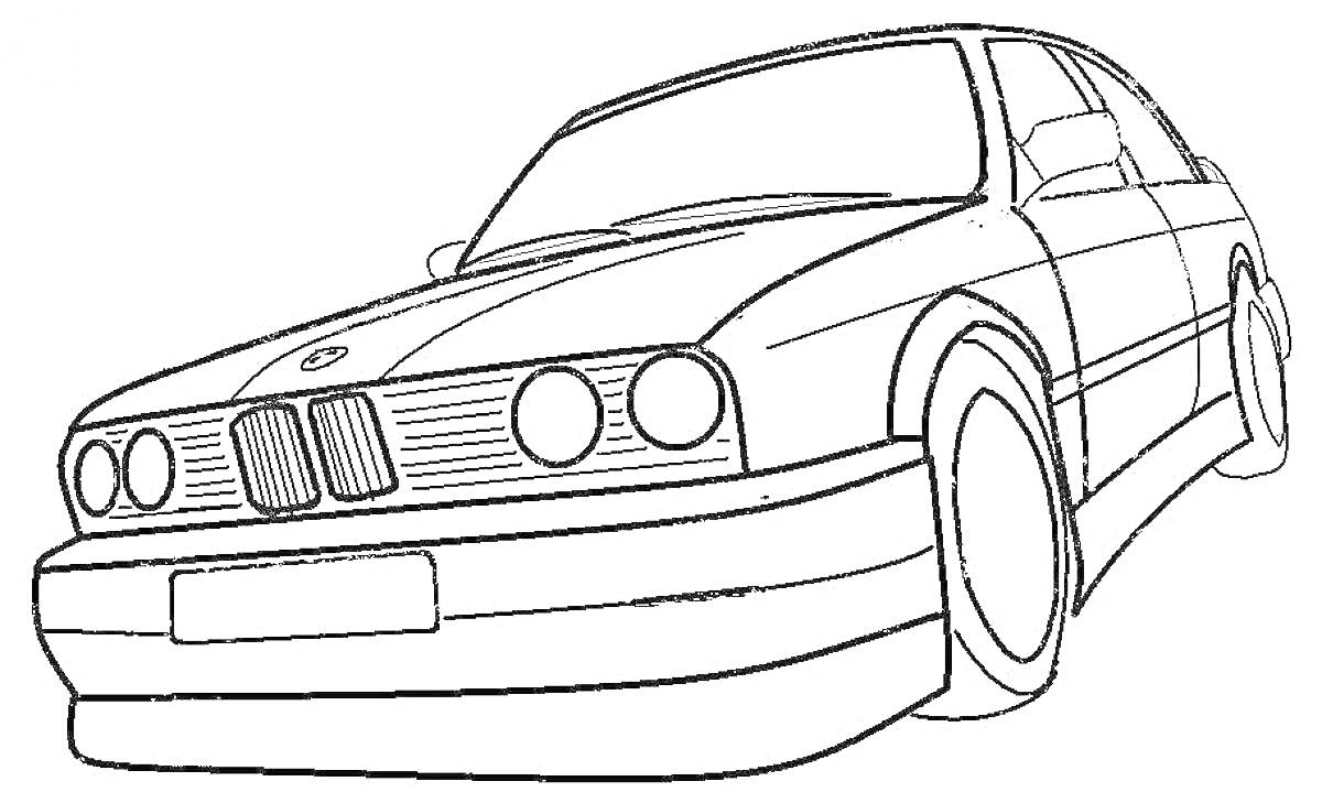 Раскраска Чёрно-белая раскраска автомобиля BMW, вид спереди под углом, четыре фары, решётка радиатора, кузов седана, передние и задние колёса