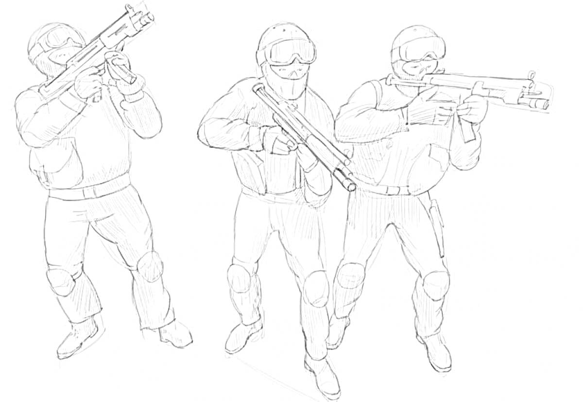 Раскраска Три вооружённых бойца в защитной экипировке