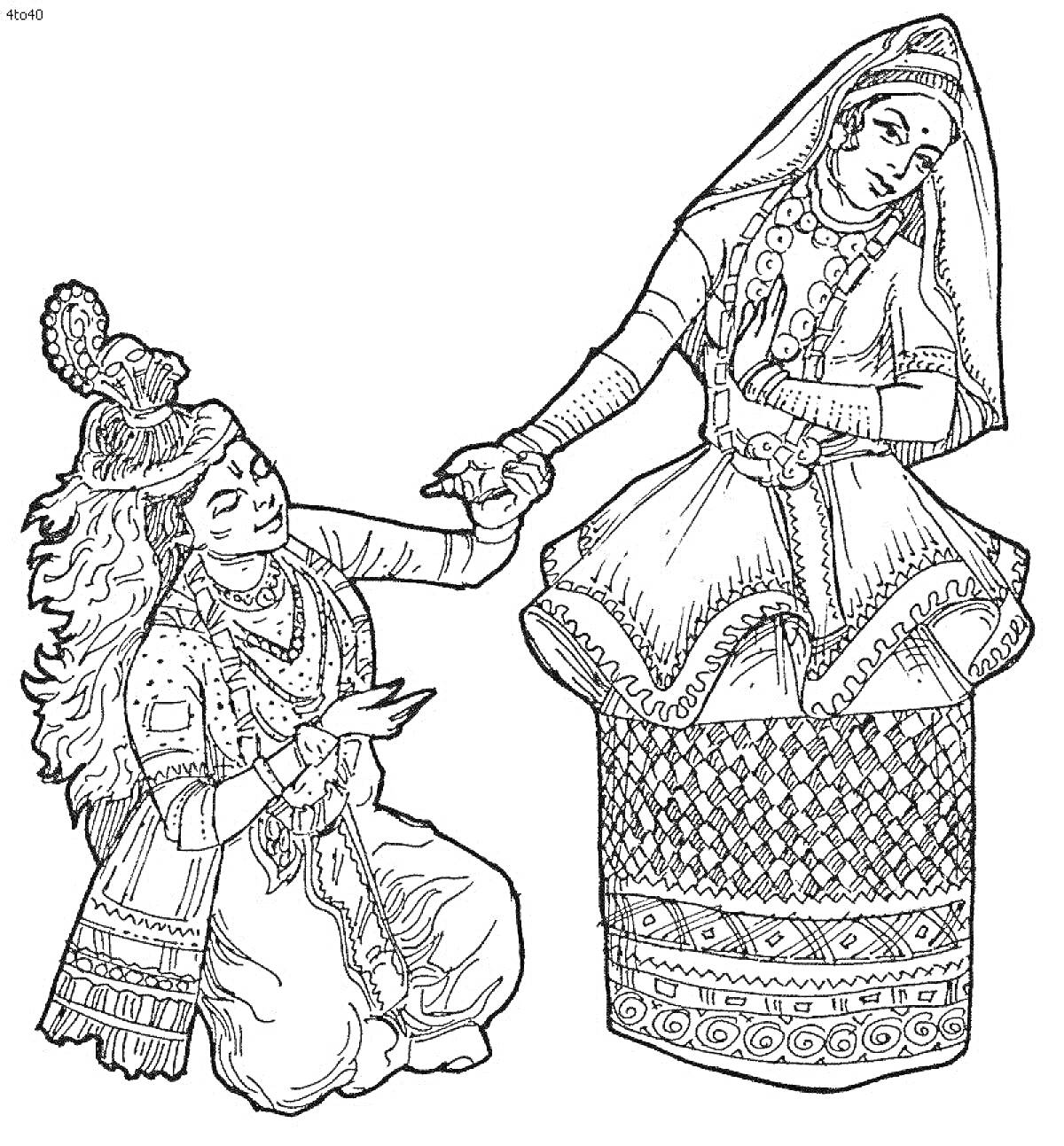 Раскраска Традиционная казахская пара в национальном костюме, мужчина и женщина в орнаментированном одеянии, женщина в длинном юбке и покрывале на голове, мужчина в головном уборе с перьями и пышном наряде с длинными рукавами. Женщина держит мужчину за руку.