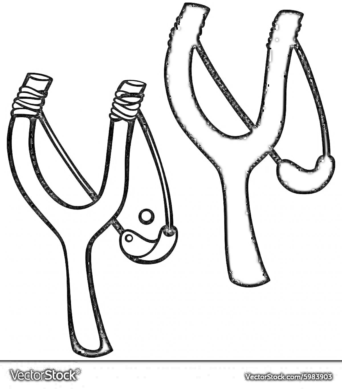Две рогатки с эластичными лентами и прорезями, одна в контурном варианте, другая в заливке черным цветом.