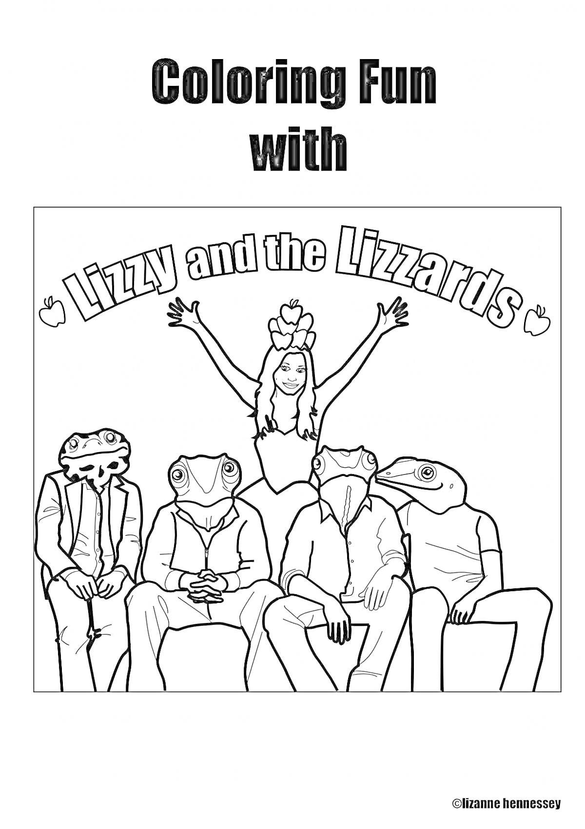 Раскраска Lizzy and the Lizzards с леди и четырьмя ящерицами на диване