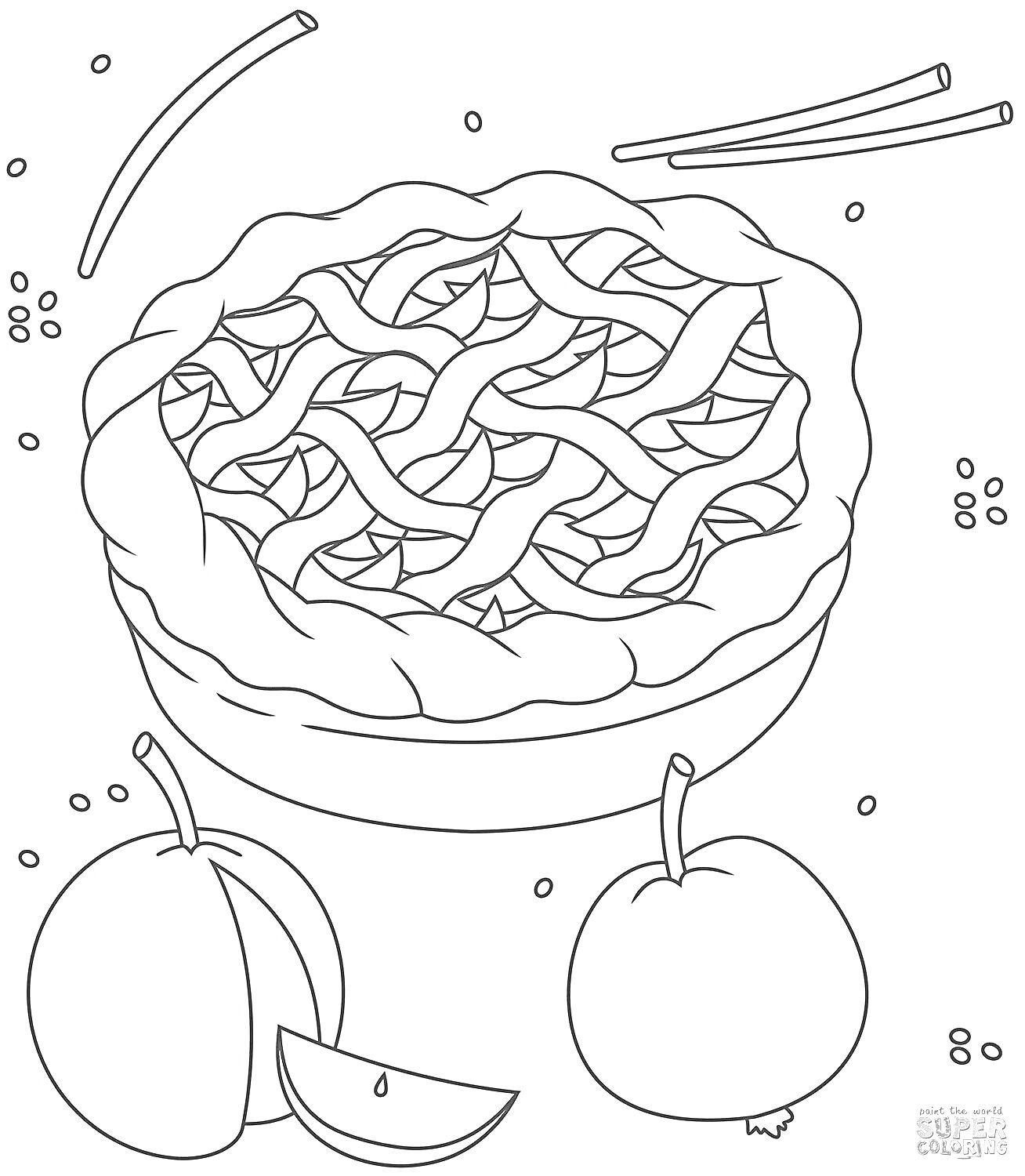 Раскраска Пирог яблочный с яблоками, дольками яблок, палочками корицы и ягодками