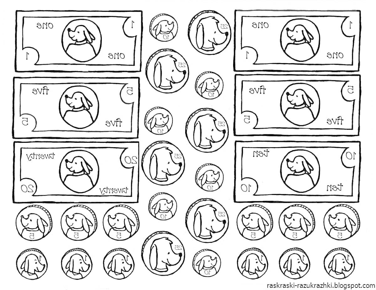 Раскраска Раскраска с изображением собачьих банкнот и монет разных номиналов
