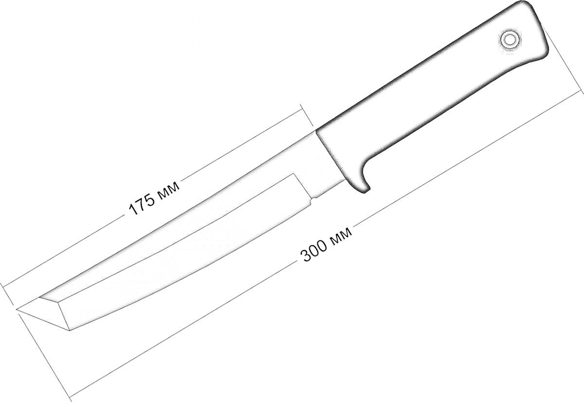 Танто нож из Standoff 2 с черной рукояткой и обозначением размеров 175 мм лезвие, 300 мм общая длина