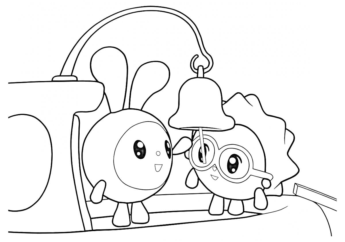 Раскраска Два персонажа Малышариков, один с ушками и другой с очками, звонят в колокол на корабле