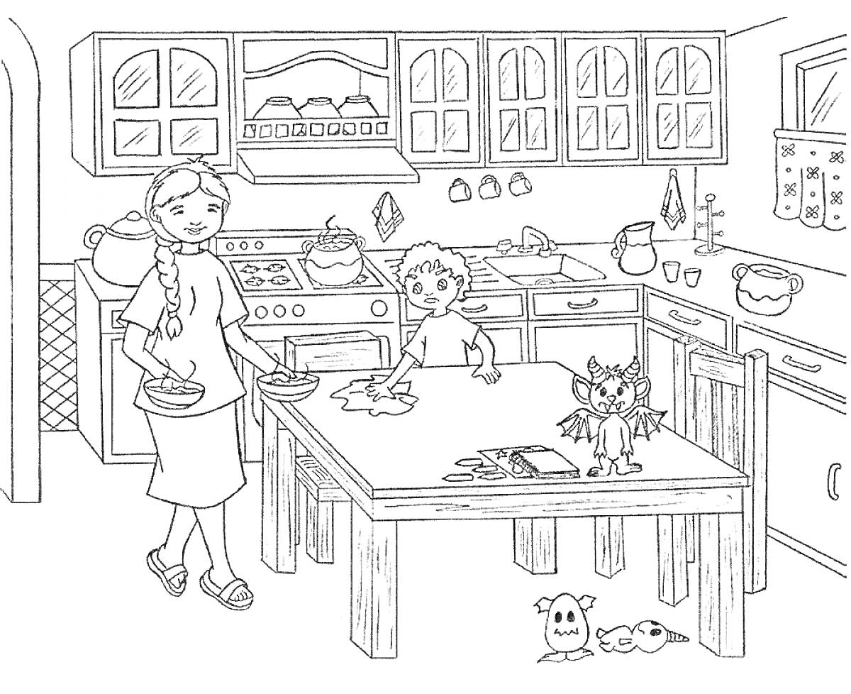 Кухня с женщиной, мальчиком, плитой, кастрюлей, духовкой, раковиной, посудой, столом, стульями, игрушками и окнами