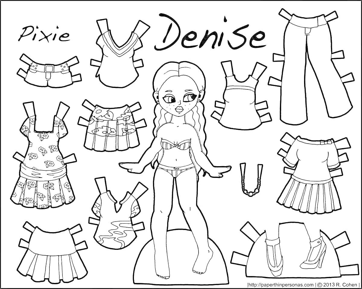 Раскраска Кукла Дэниз с комплектом одежды и аксессуаров для вырезания: топ, юбка, платье, брюки, обувь, украшение