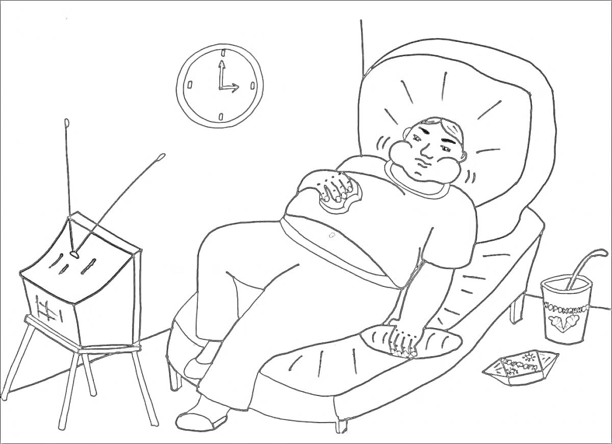 Раскраска Человек на диване с гамбургером, телевизором и напитком