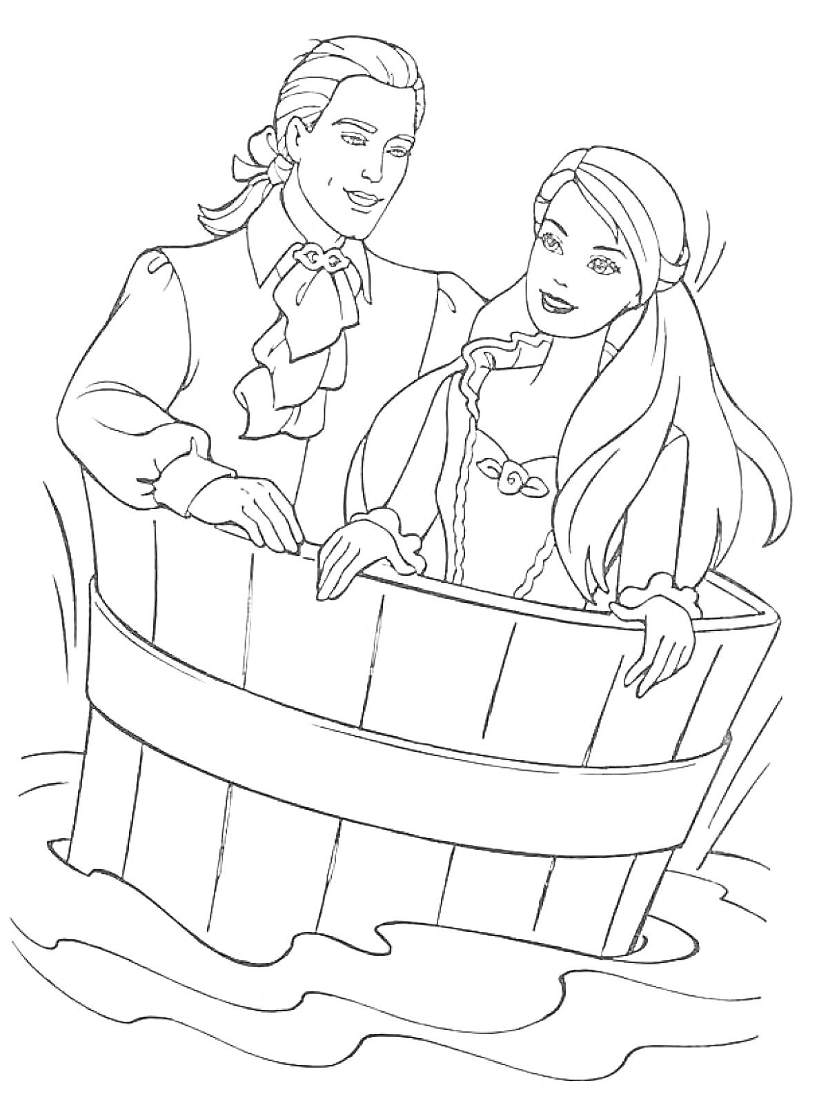 Раскраска Барби и Кен в деревянной бочке на воде