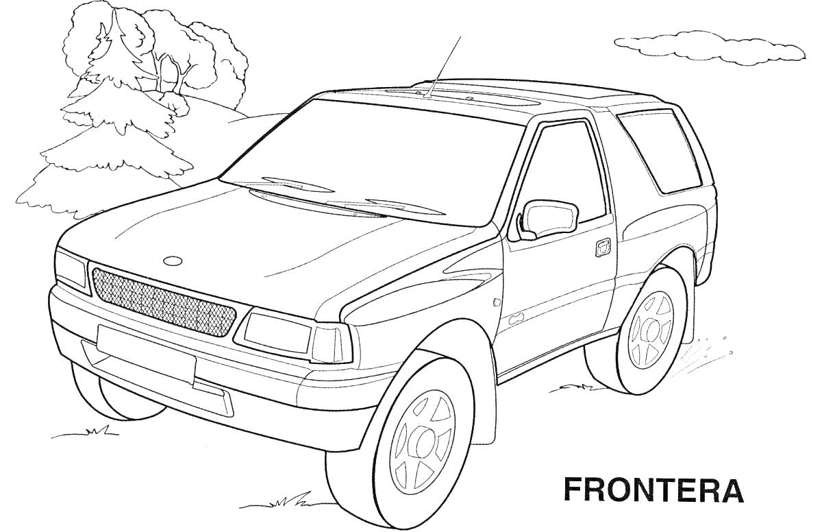 Раскраска Внедорожник на фоне природы (дерева и облака)