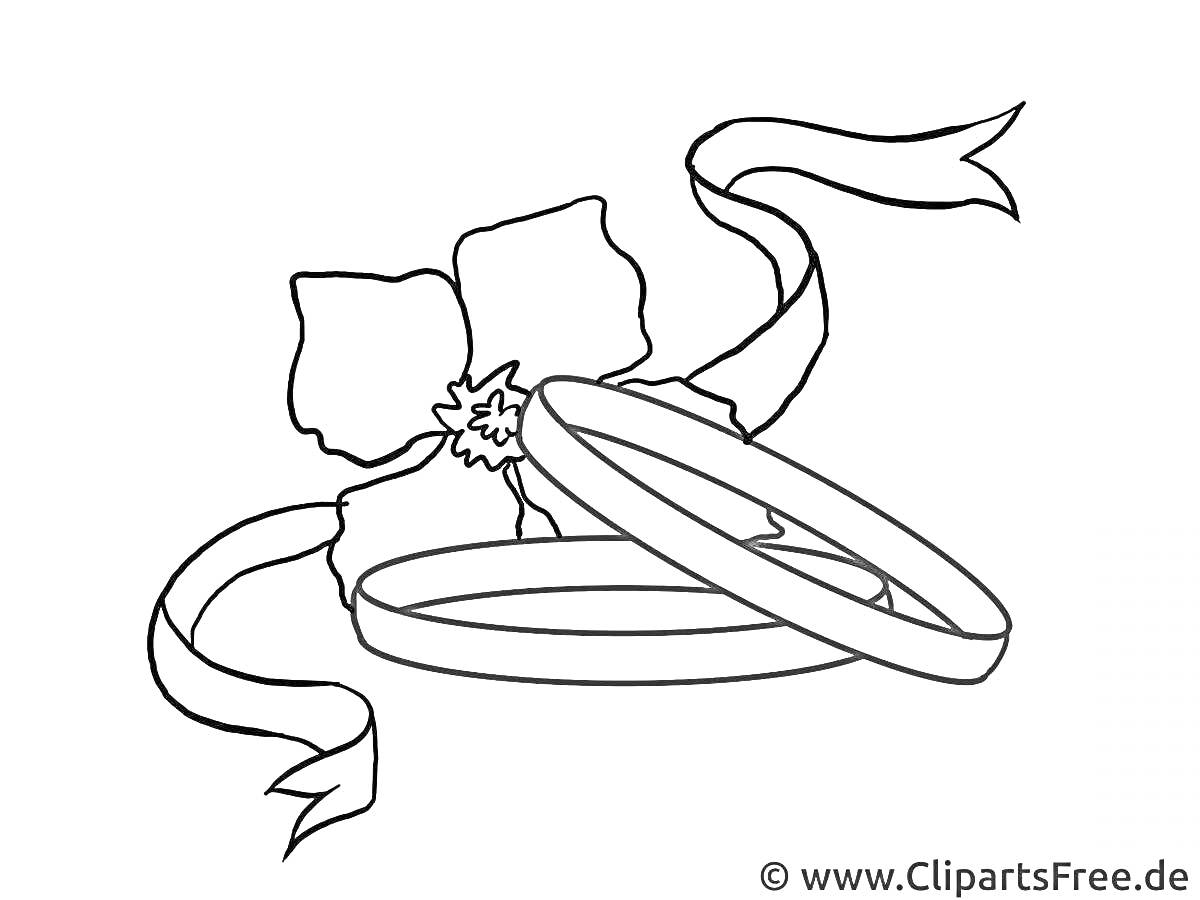 Раскраска Обручальные кольца с бантом и лентой