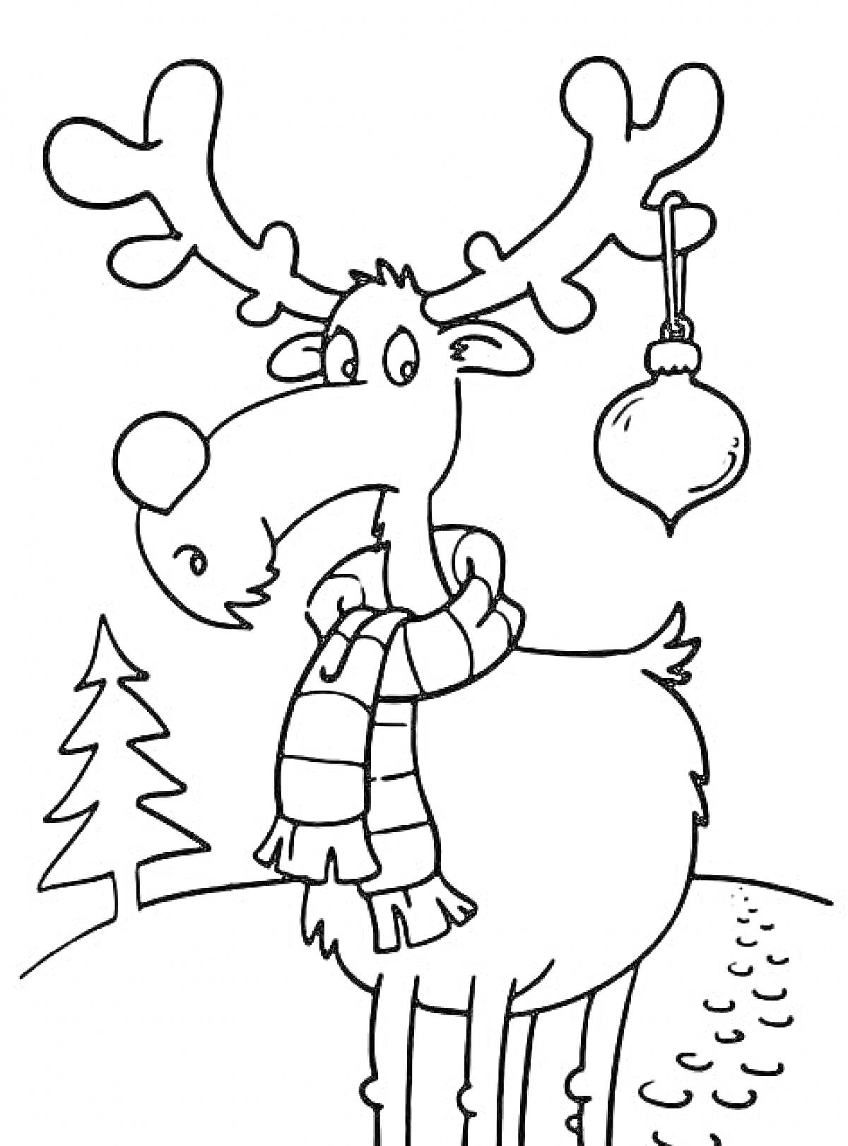 Раскраска Новогодний олень с шарфом и ёлочным шаром на фоне ёлки