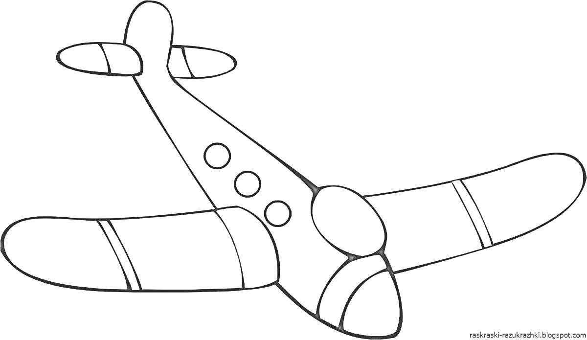 Раскраска Раскраска с изображением самолета с тремя иллюминаторами и полосками на крыльях для детей 3-4 лет