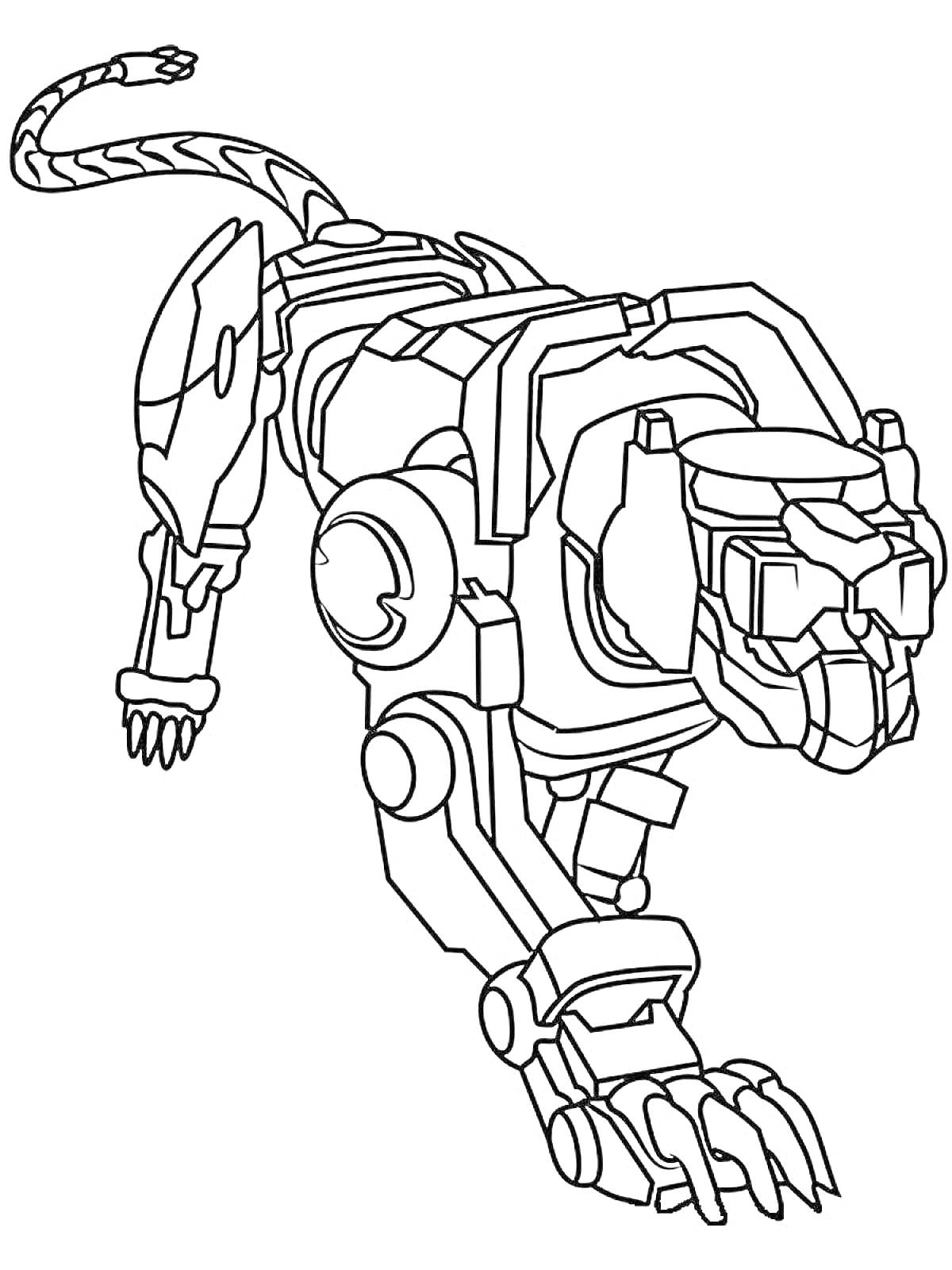 Раскраска Робот-скричер в форме тигра, с металлическим хвостом, лапами и когтями