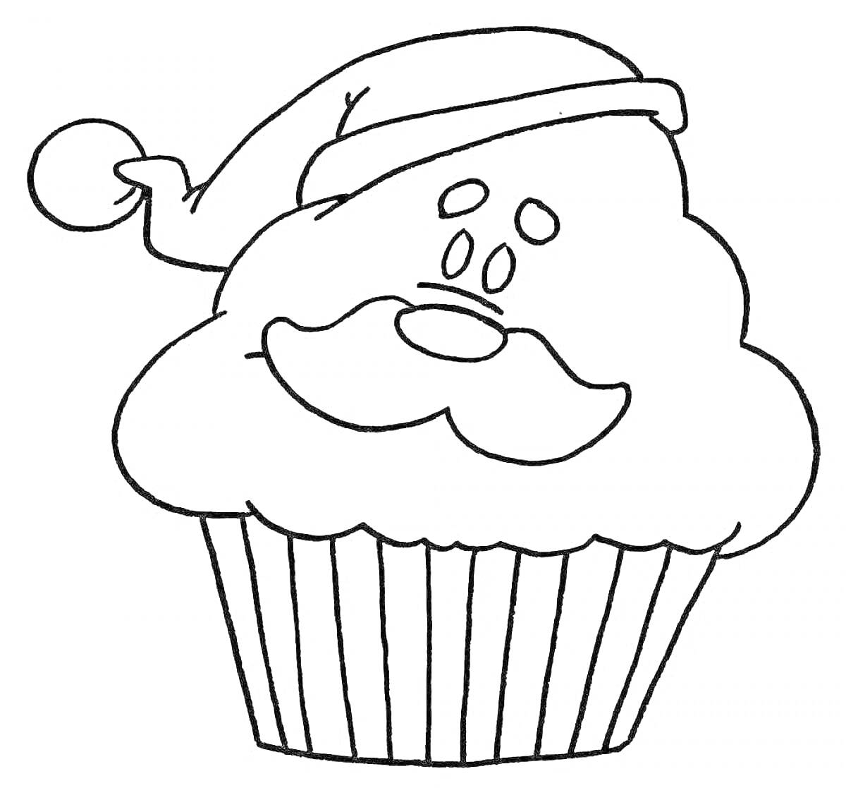 Раскраска Кекс в новогодней шапке с усами и лицом
