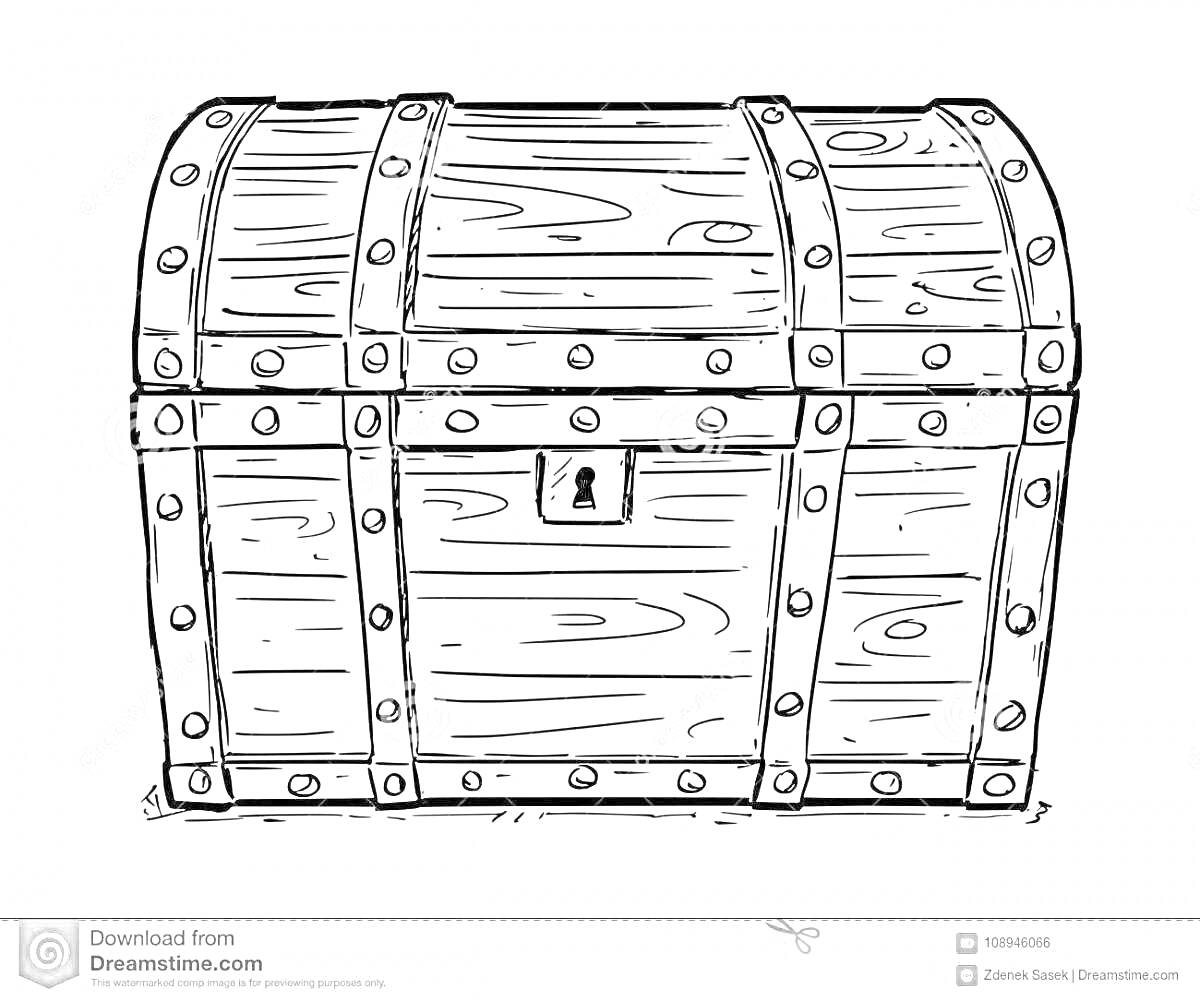 Раскраска Деревянный сундук с металлическими креплениями и замочной скважиной