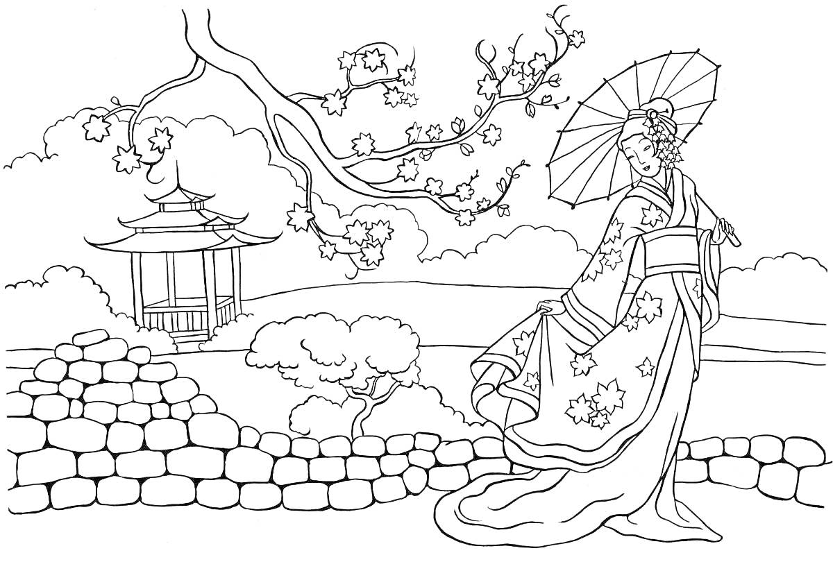 На раскраске изображено: Женщина, Кимоно, Павильон, Ветка, Цветы, Каменная стена, Природа, Восточная культура