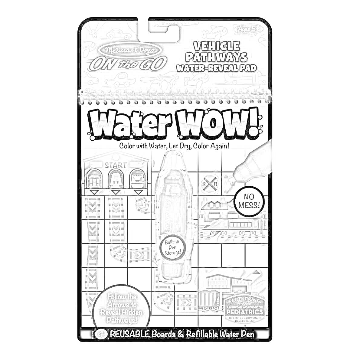 Раскраска Melissa & Doug On The Go Water WOW! Vehicle Pathways Water-Reveal Pad. В комплект входят листы для раскрашивания и многоразовая водяная ручка.