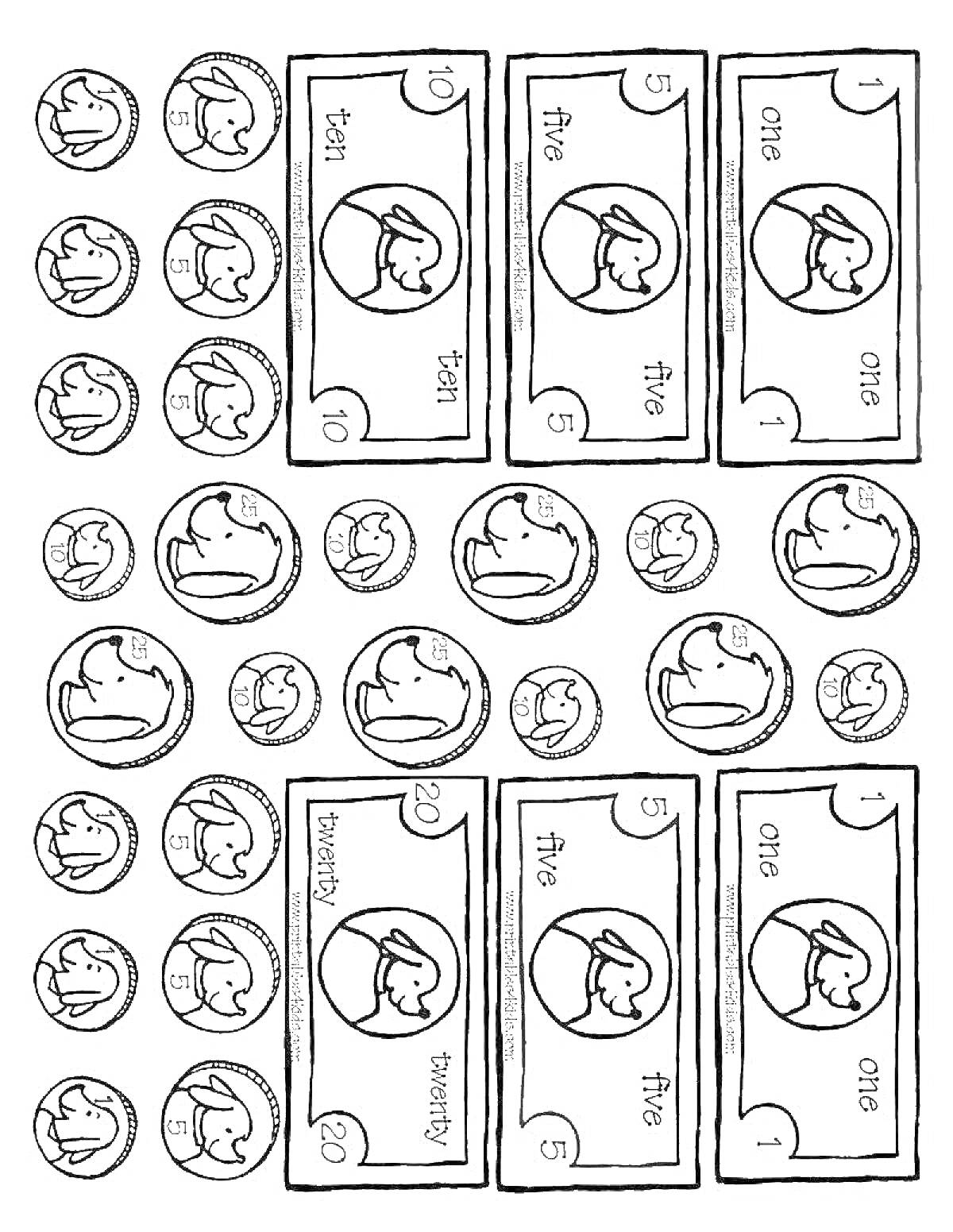 На раскраске изображено: Деньги, Монеты, Животные, Учебные материалы, Мини деньги