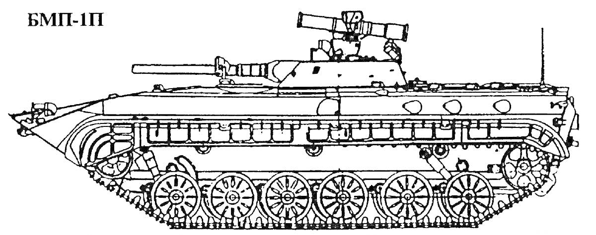 Раскраска БМП-1П с пушкой, гусеницами, люками и антеннами