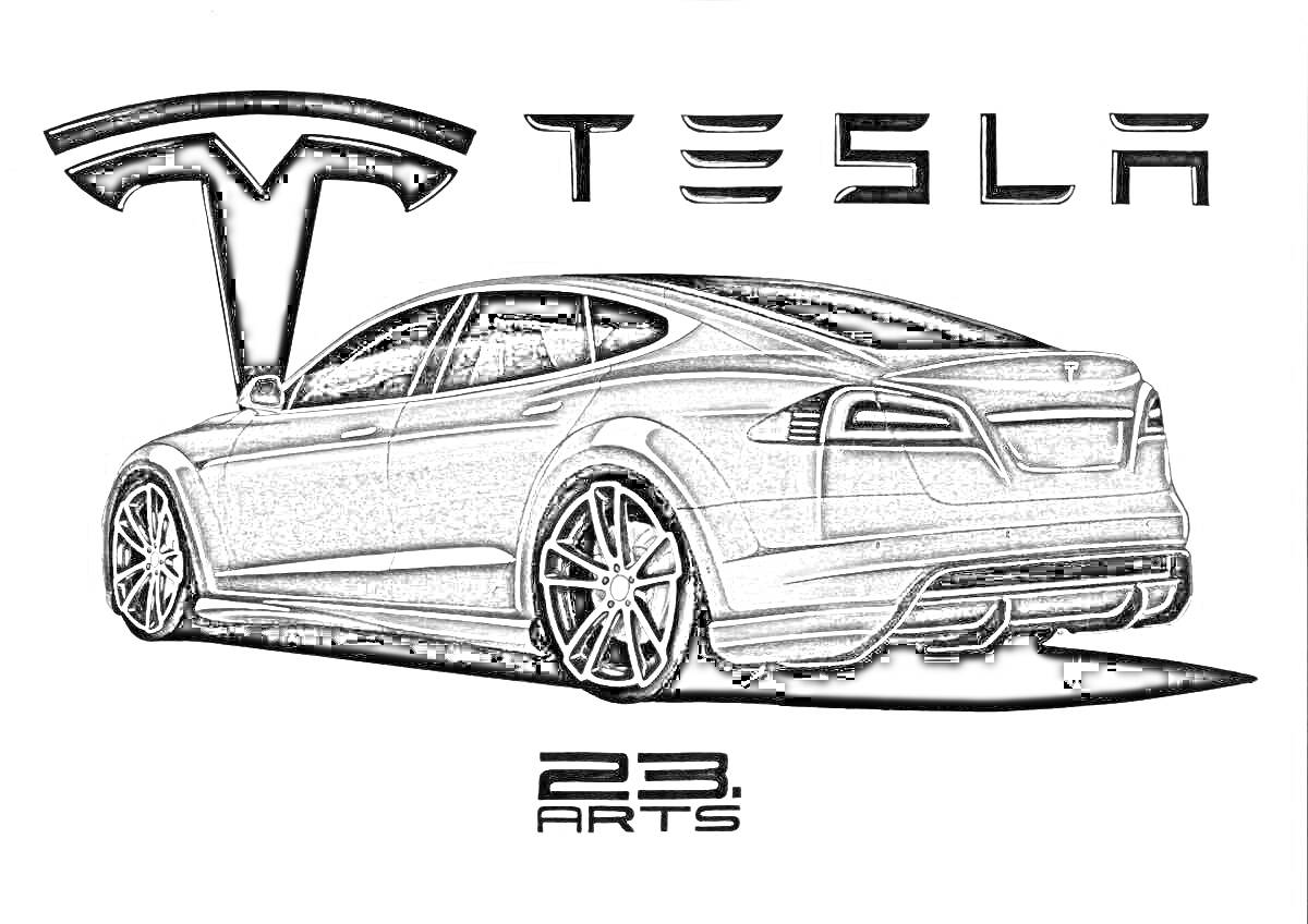 Раскраска Тесла Model X с видом сзади, логотип компании TESLA, надпись 