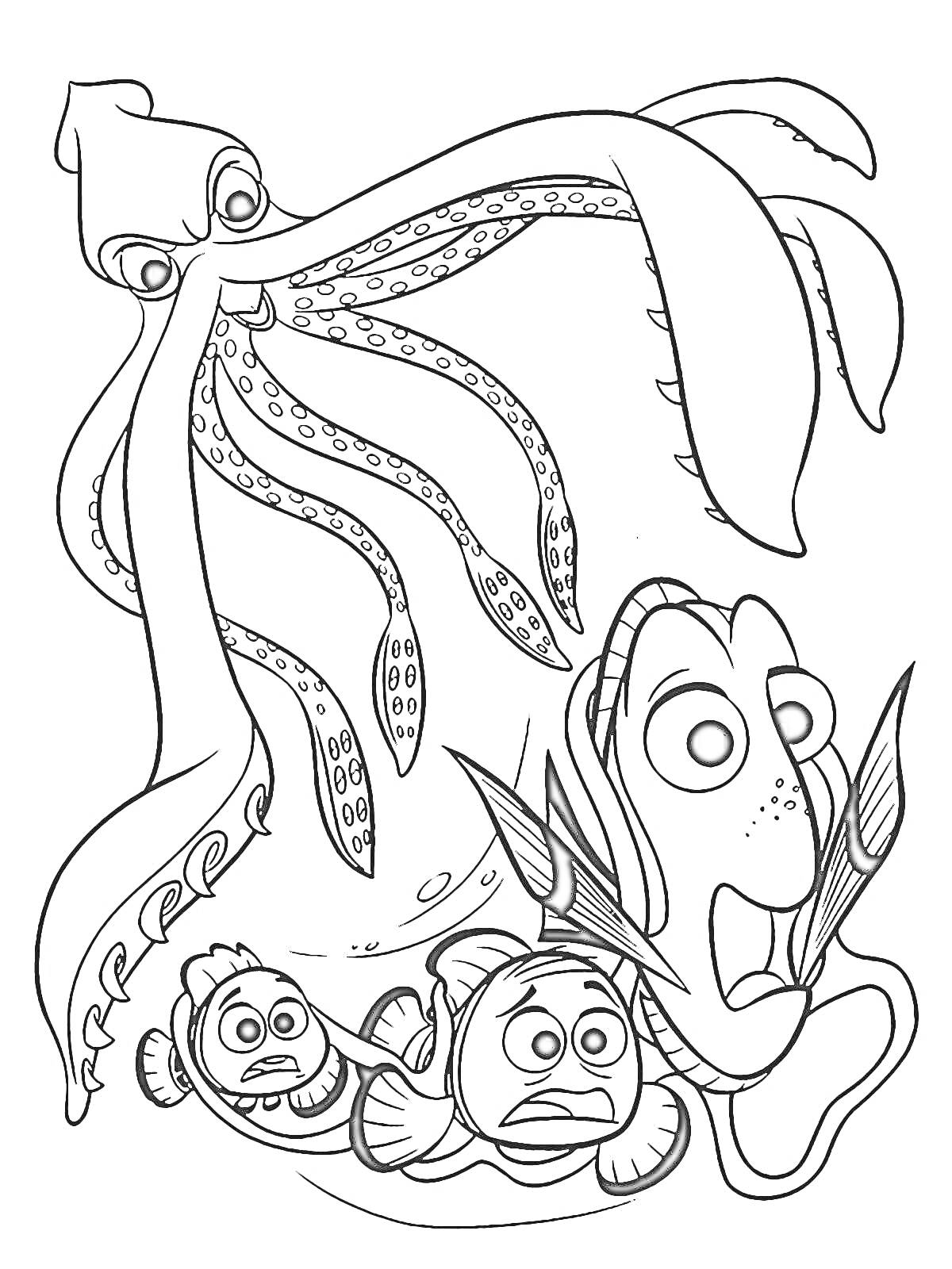 Раскраска Осьминог, два клоунских рыбки и голубая рыба