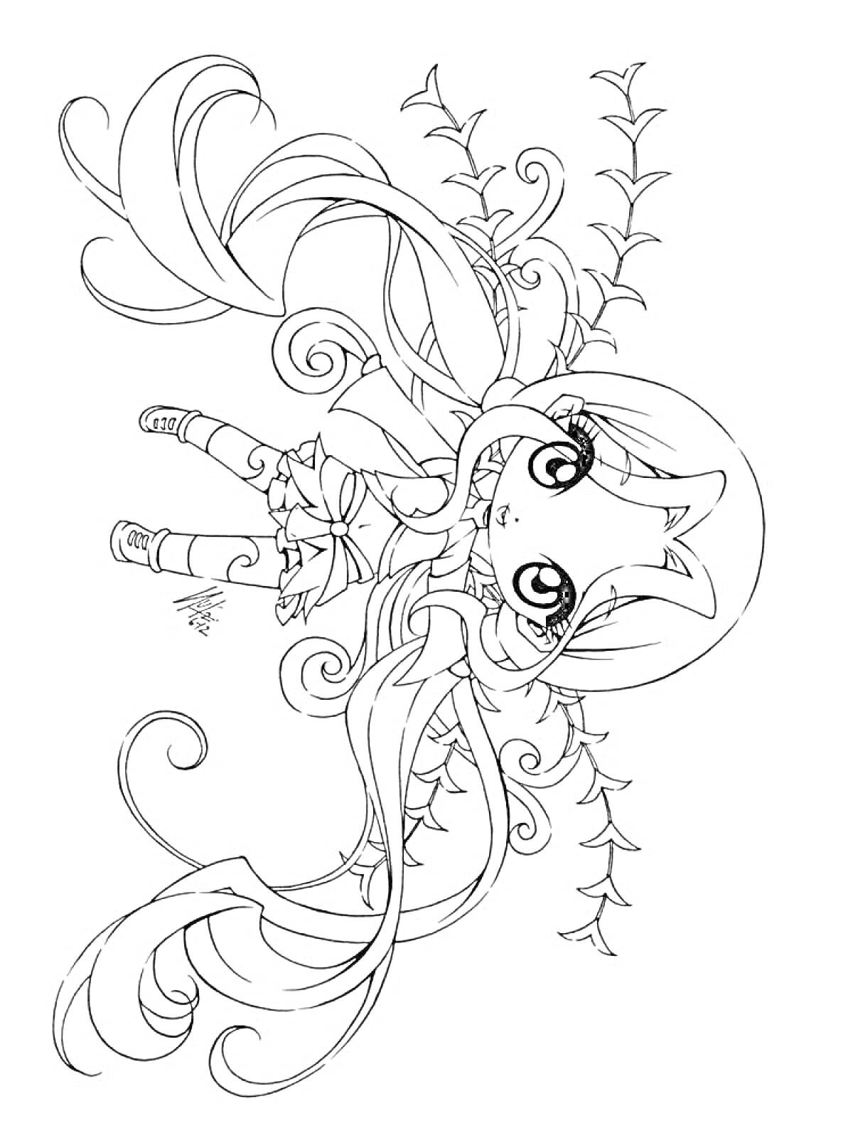 Раскраска Аниме Фея с длинными волосами, в ботинках и платье, с цветочным узором на заднем плане