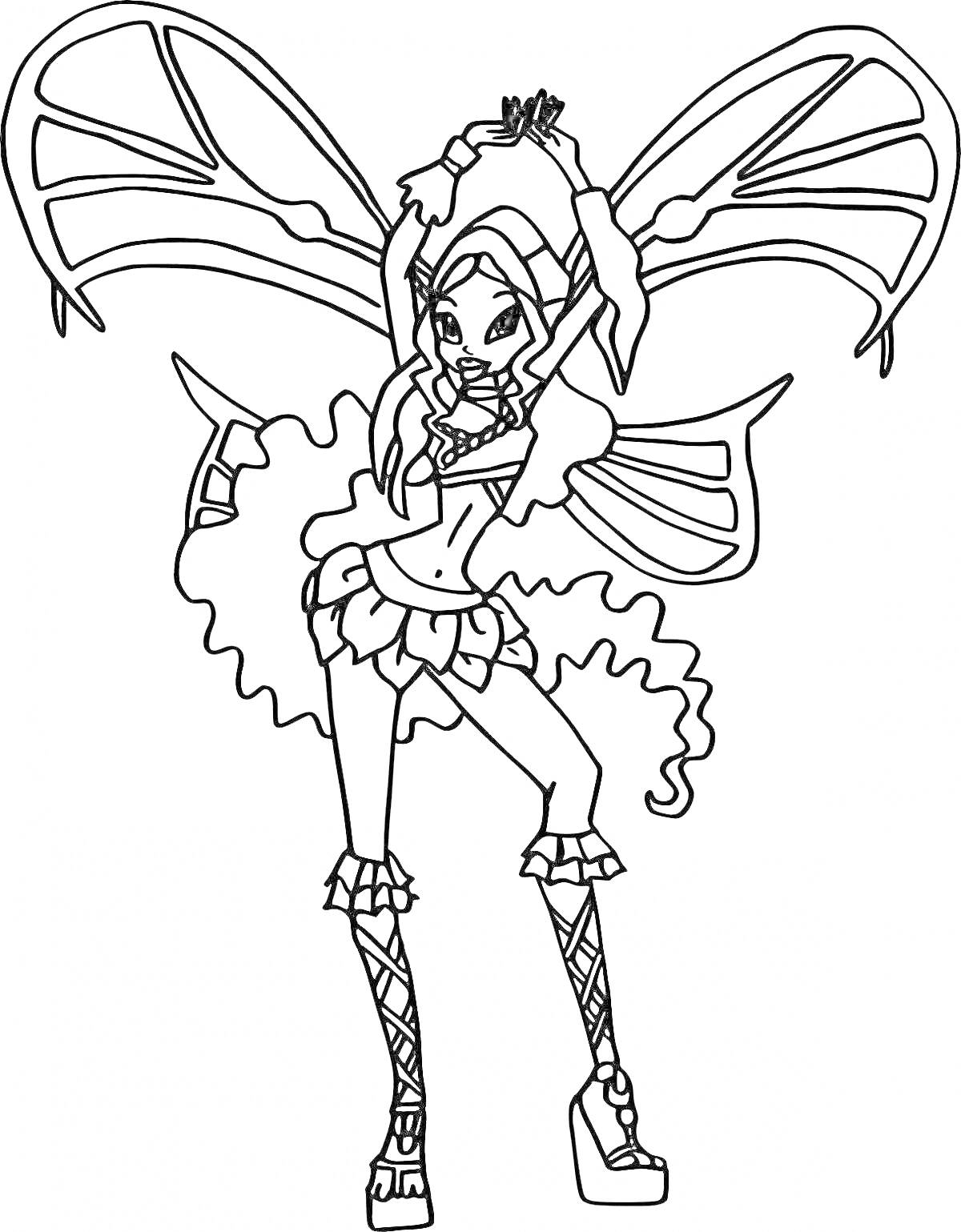 РаскраскаВинкс Лейла в трансформации Беливикс, в полный рост, с поднятыми руками, с крыльями, в одежде Беливикс, с длинными сапогами, волосы распущены