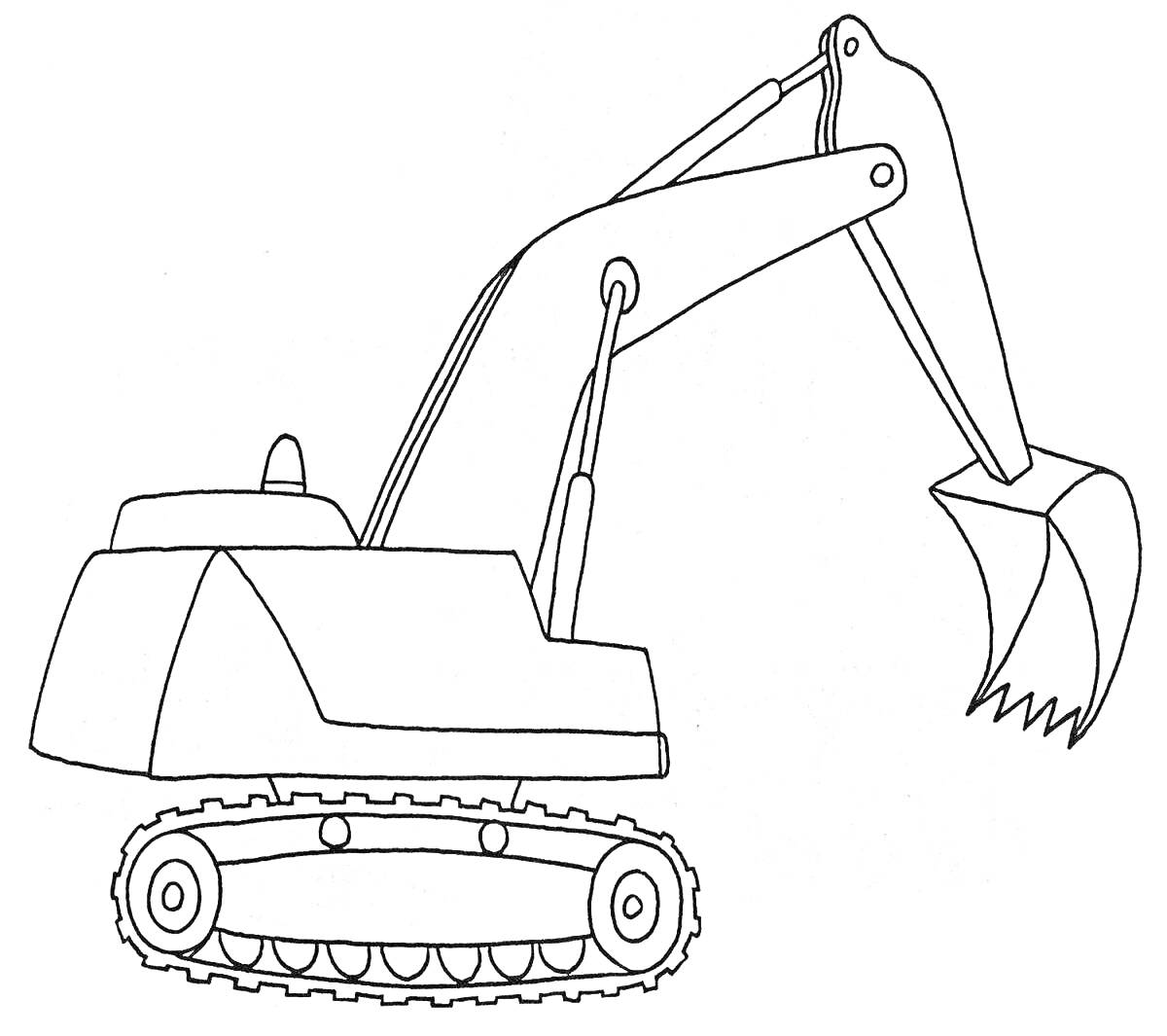 Раскраска Экскаватор с использованием гусениц и ковша, изображенный в профиль