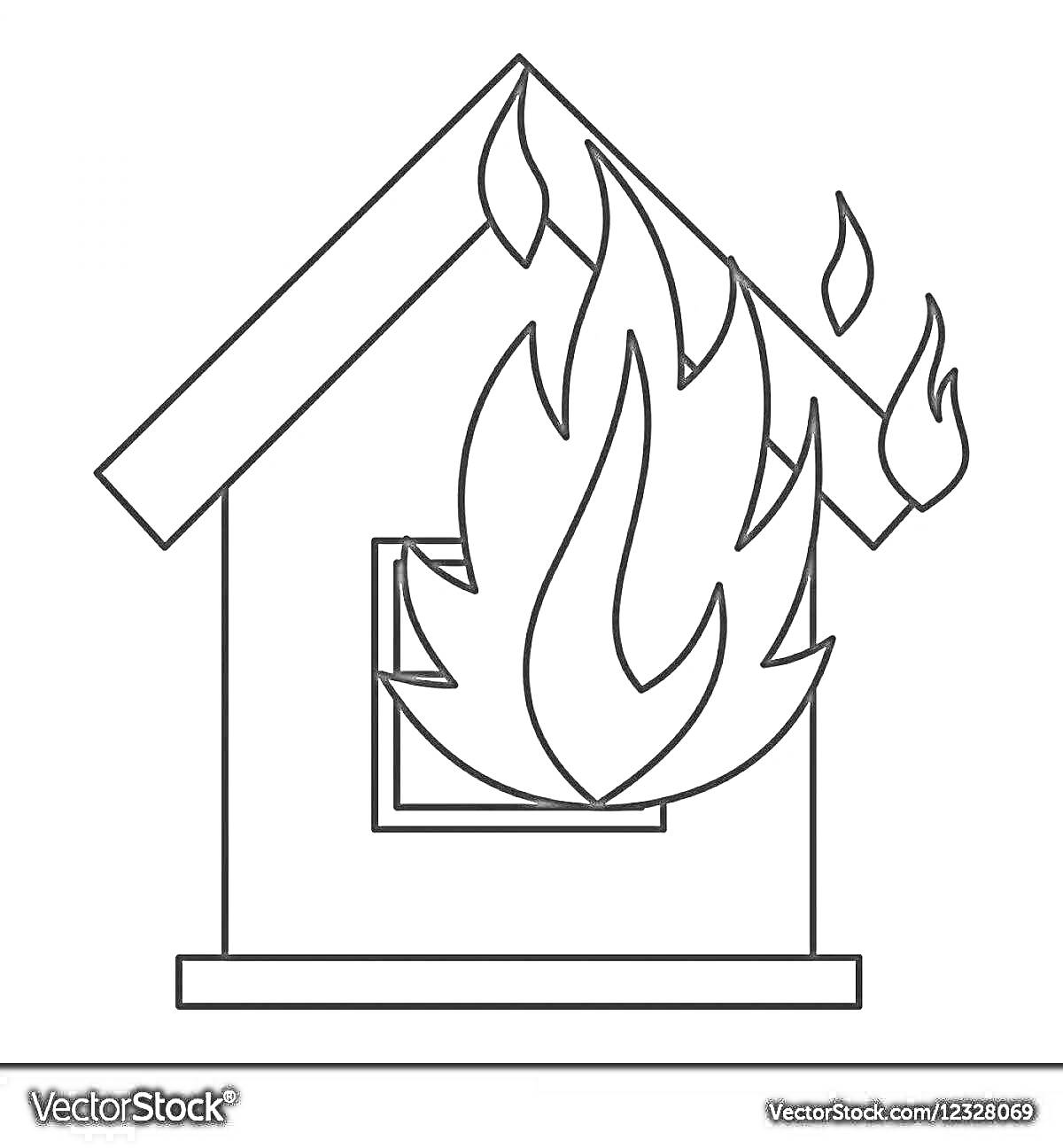 На раскраске изображено: Дом, Огонь, Пламя, Пожар, Окна