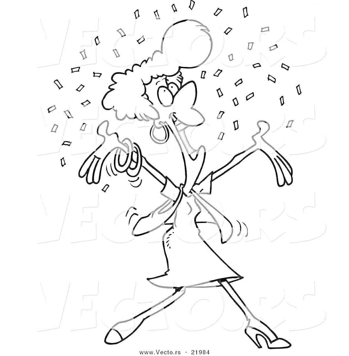 На раскраске изображено: Женщина, Платье, Конфетти, Радость, Карикатура