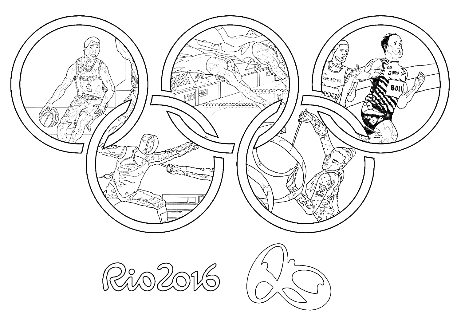 На раскраске изображено: Рио 2016, Спортивные соревнования, Баскетбол, Плавание, Бег, Фехтование