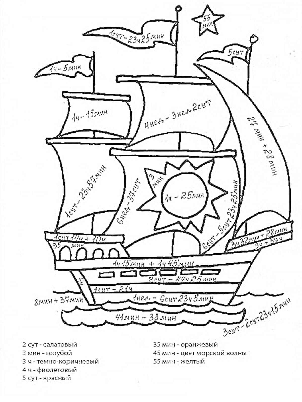 Раскраска Корабль с парусами и флагами, звезда, морская волна