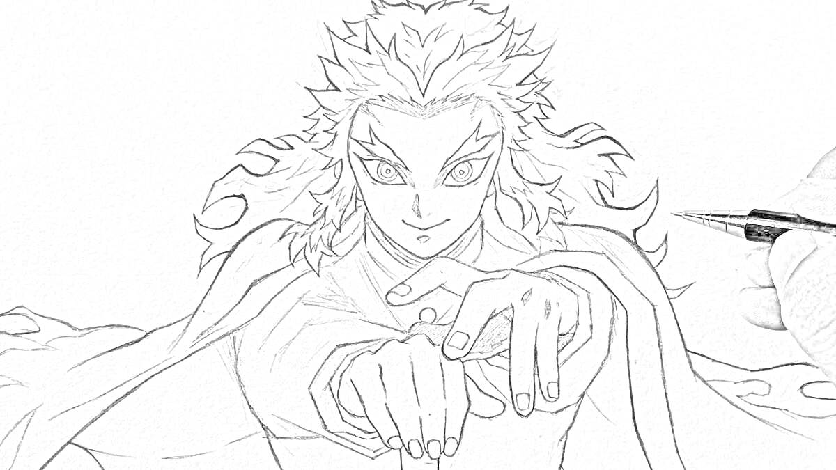 Раскраска Ренгоку в боевой стойке, с уверенным выражением лица и пламенными волосами, впереди кисти рук