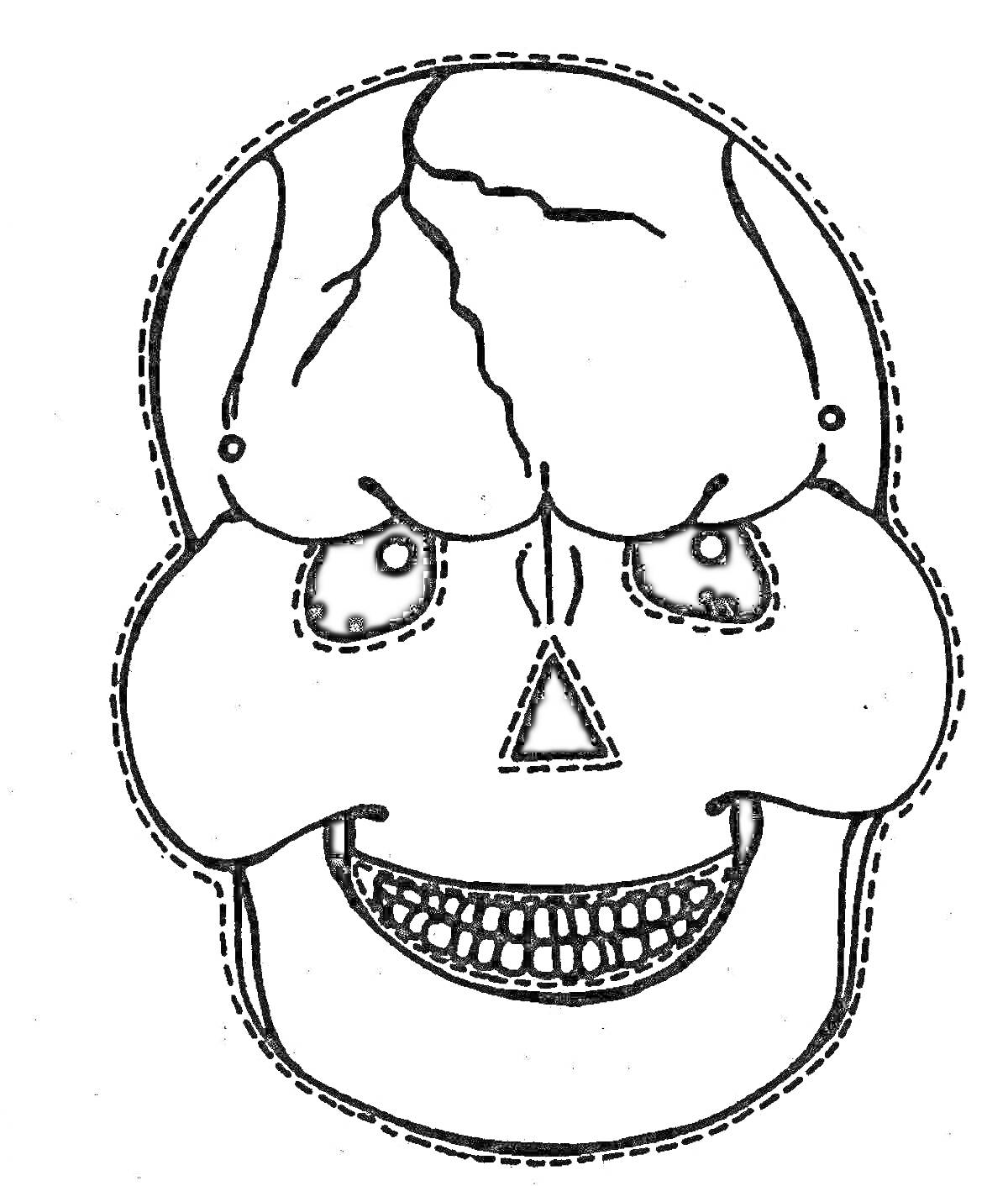 Раскраска Чёрно-белое изображение черепа с трещинами на верхней части и улыбающимся ртом