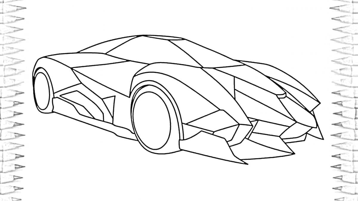 Раскраска Спортивная машина Lamborghini, изображение автомобиля с аэродинамичным дизайном и крупными задними крыльями