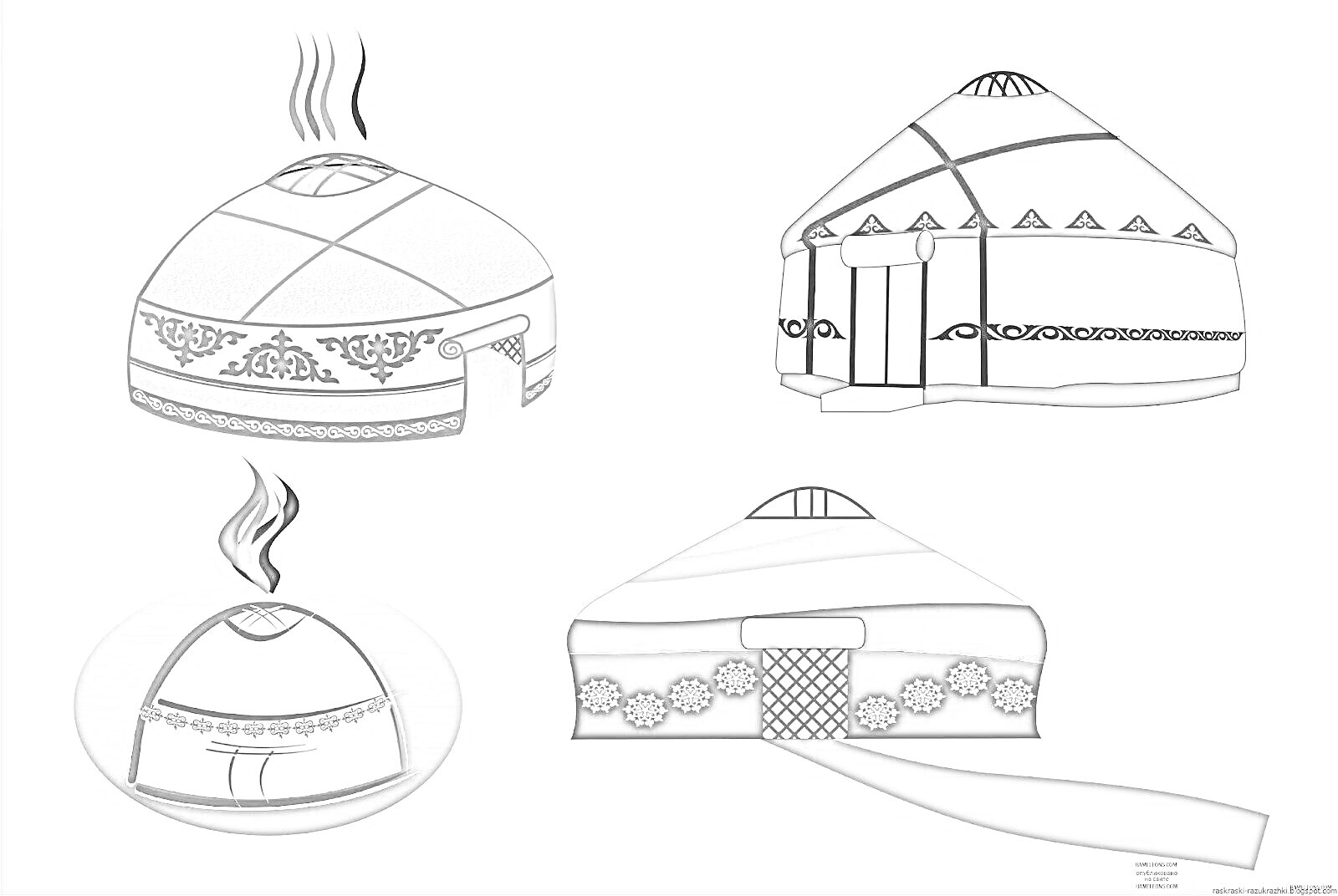 На раскраске изображено: Киіз үй, Юрты, Традиционное жилище, Украшения, Дымоход, Этнические мотивы, Роспись, Узоры