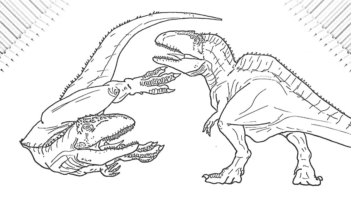 На раскраске изображено: Кархародонтозавр, Схватка