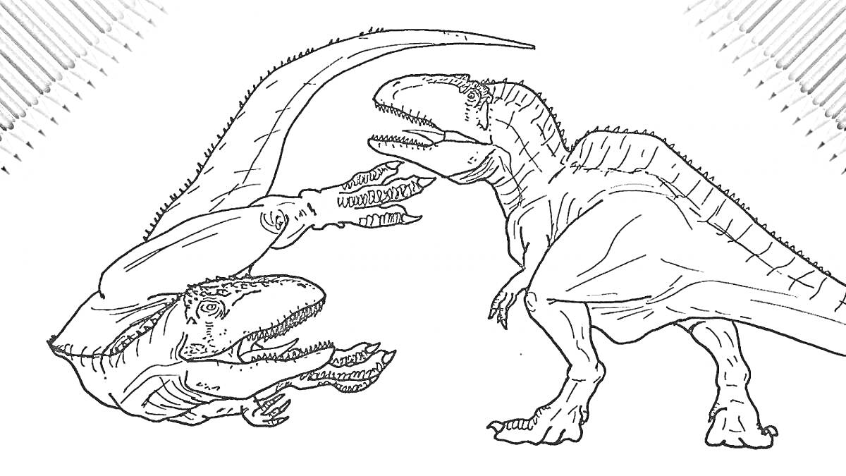 Раскраска Два кархародонтозавра в схватке на фоне облаков