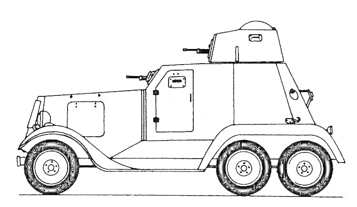 Раскраска Броневик с шестью колесами, бронированной кабиной и башней с пулеметом