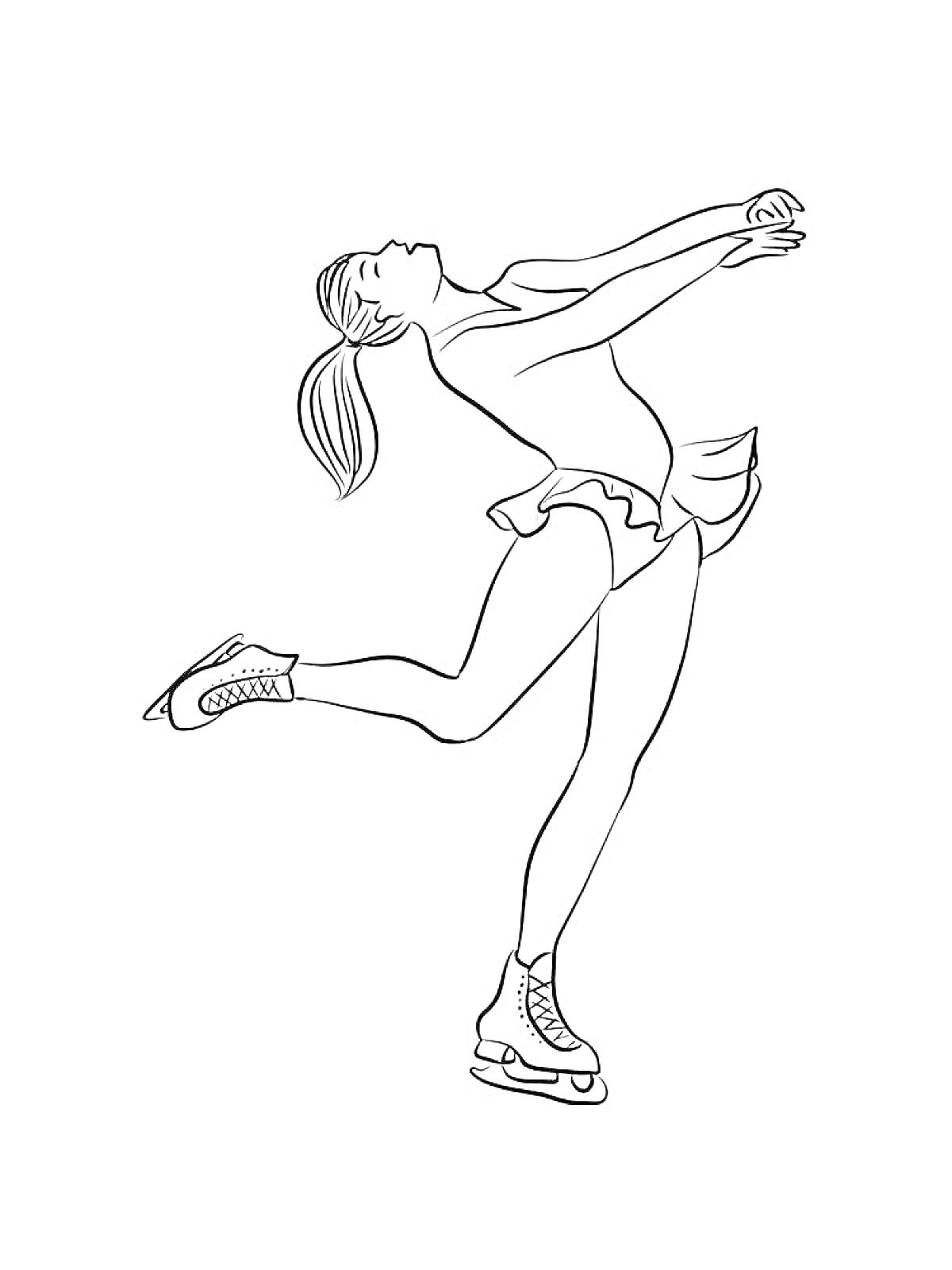 Раскраска Фигуристка в прыжке с поднятыми руками, волосы собраны в хвост, платье для фигурного катания, коньки на ногах