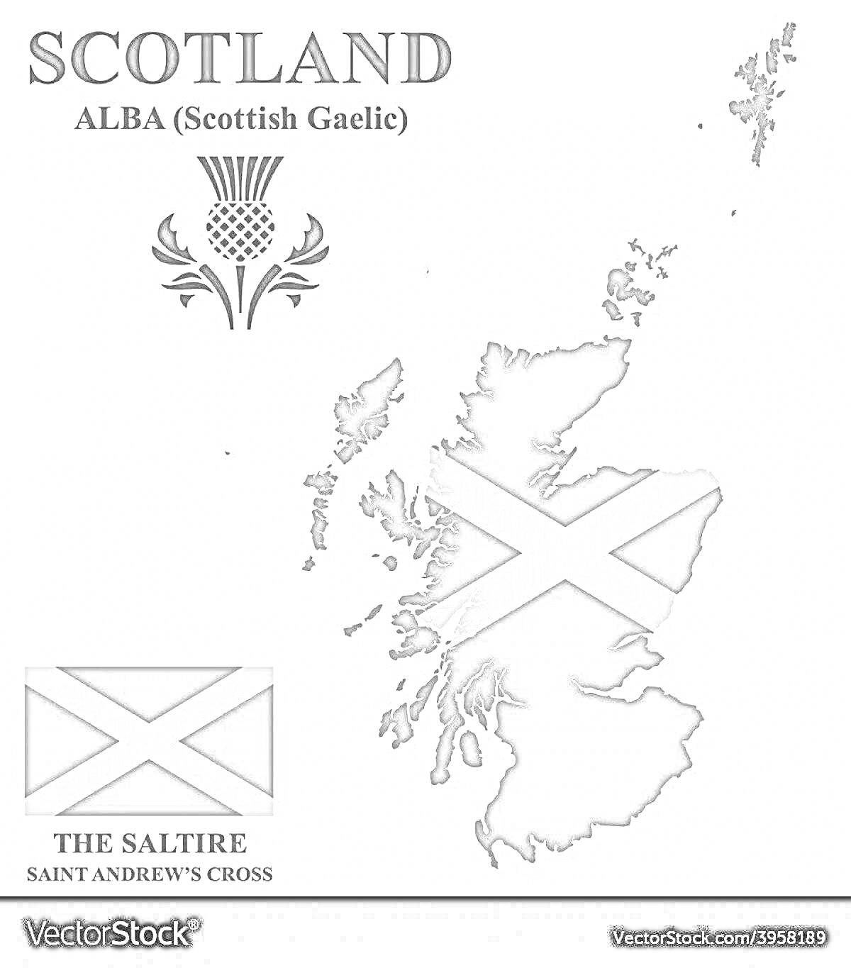 Раскраска Карта Шотландии с флагом, чертополохом и надписями 