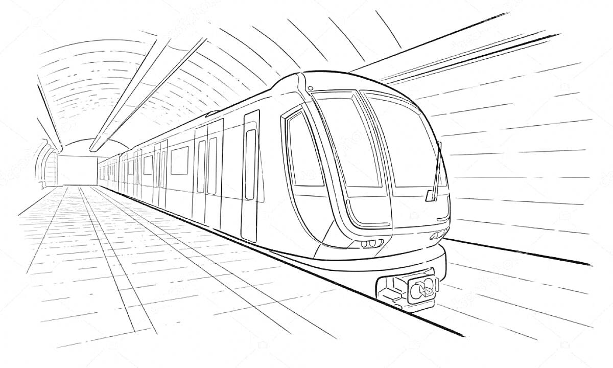 На раскраске изображено: Метро, Поезд, Туннель, Рельсы, Городской транспорт, Подземка, Поездка, Городской пейзаж, Инфраструктура