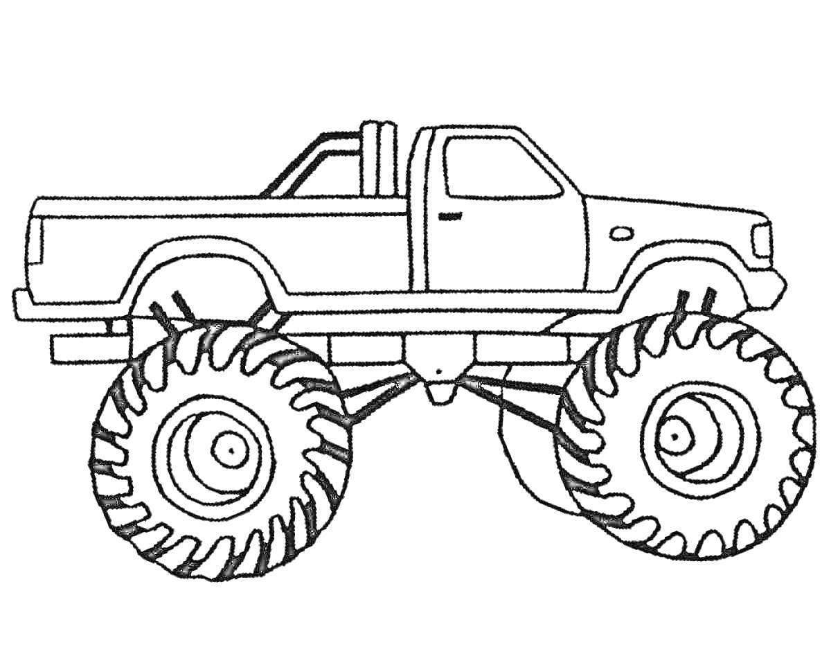 На раскраске изображено: Монстер трак, Большие колеса, Транспорт, Труба, Авто, Грузовая машина