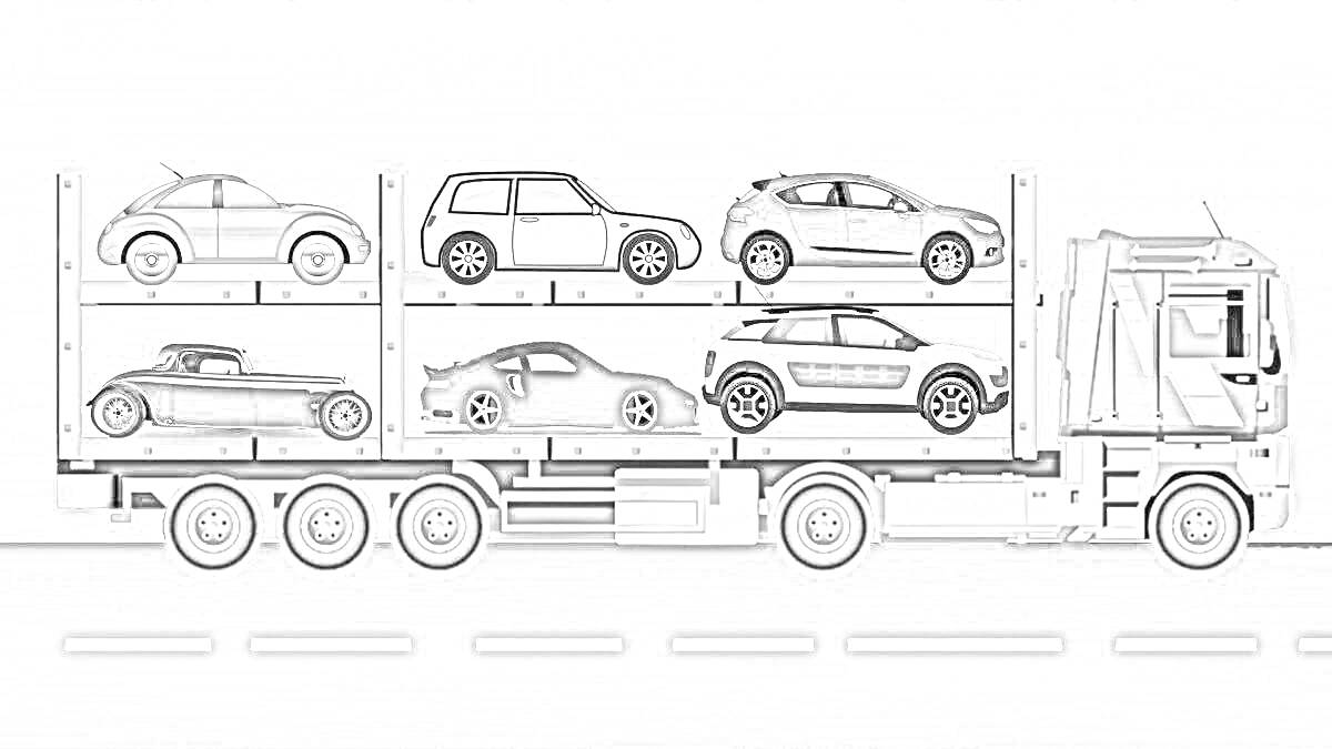 Раскраска Автовоз с легковыми автомобилями на двух уровнях, едущий по дороге