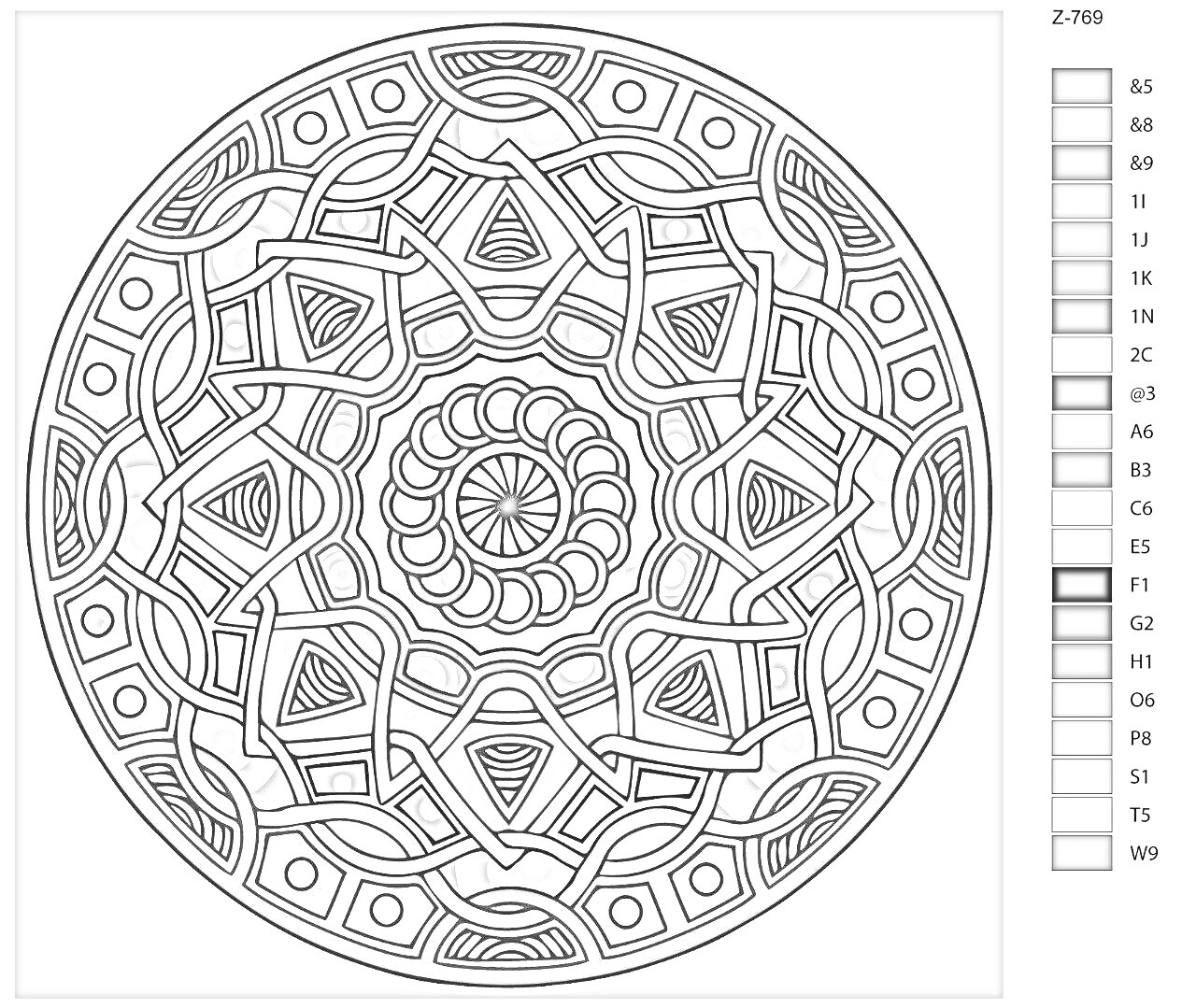 Раскраска Мандала с геометрическими узорами и цветовой схемой по номерам